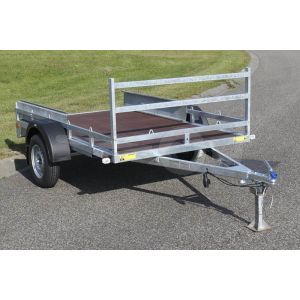 Twins Trailers transporter voor kleine voertuigen TQ01S-E11, 307x157cm (lxb bak), 750kg bruto (520 netto) laadvloerhoogte 54cm, vlakke vloer met railing, banden 13", enkelas