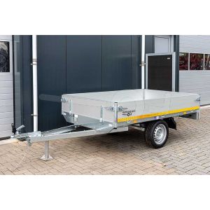 Eduard ongeremde enkelasser plateauwagen 2014-1-PB30-075-63, afmeting 200x145cm met 30cm aluminium borden, bruto laadvermogen 750kg, laadvloerhoogte 63cm, bandenmaat 195/50R13
