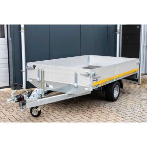Eduard plateauwagen 2514-3-PB30-135-56, Lxb 250x145cm, Bruto 1350kg (ca. 1130kg netto), Lvh 56cm, Alu borden 30cm, Enkelas geremd, Banden 195/55R10.
