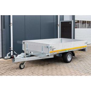 Eduard plateauwagen 2514-3-PB30-150-56, Lxb 250x145cm, Bruto 1500kg (ca. 1280kg netto), Lvh 56cm, Alu borden 30cm, Enkelas geremd, Banden 195/55R10.