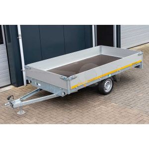 Ongeremde enkelasser Eduard plateauwagen 3116-1-PB30-075-72. Laadbak 310x160 cm met 30 cm aluminium borden. Laadvloerhoogte 72 cm op 155R13 banden.