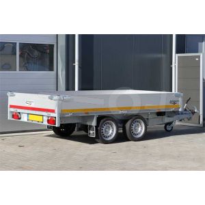 Eduard plateauwagen afmeting 310x160cm met 30cm aluminium borden, bruto laadvermogen 2700kg en laadvloerhoogte 63cm.