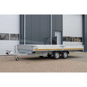 Tandemas Eduard plateauwagen 456x200cm met 40cm hoge aluminium borden, bruto 2500kg laadvermogen en een laadvloerhoogte van 72cm.