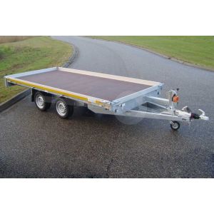 Eduard autotransporter 4022-4-PMB10-270-63, Lxb 406x220cm, Bruto 2700kg (2049kg netto), Lvh 63cm, Oprijhoek circa 15°,  Alu borden 10cm, Dichte vloer, Tandemas geremd, Banden 195/50R13, Met oprijplaten en lier.