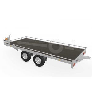 Eduard autotransporter 4520-4-PMR10-2572, Lxb 456x200cm, Bruto 2500kg, Lvh 72cm, Oprijhoek circa 17°, Reling 10cm, Dichte vloer, Tandemas geremd, Banden 165R13, Met oprijplaten en lier.