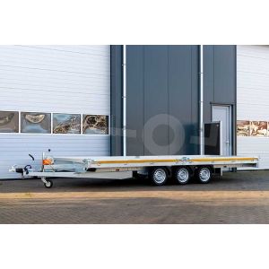 Eduard autotransporter 5022-5-PMB10-350-63, Lxb 506x220cm, Bruto 3500kg (ca. 2660kg netto), Lvh 63cm, Oprijhoek circa 15°, Alu borden 10cm, Drieasser geremd, Banden 195/50R13, Met oprijplaten en lier.