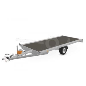 Eduard multitransporter 4018-3-PMV-180-63, Lxb 406x180cm, Bruto 1800kg (1235kg netto), Lvh 63cm, Vlak zonder borden, Enkelas geremd, Banden 195/50R13, Met oprijplaten en lier.