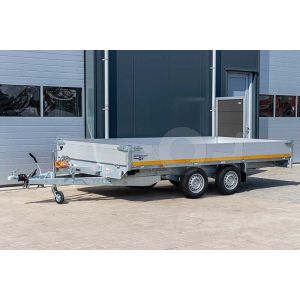 Eduard multitransporter met lier en oprijplaten 4018-4-PMB30-250-72, afmeting laadbak 406x180cm met 30cm borden, bruto laadvermogen 2500kg, laadvloerhoogte 72cm, geremde tandemasser met 165R13 banden.
