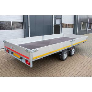 Eduard multitransporter 4520-4-PMB30-250-72, Lxb 456x200cm, Bruto 2500kg (1785kg netto), Lvh 72cm, Alu borden 30cm, Tandemas geremd, Banden 165R13, Met oprijplaten en lier.