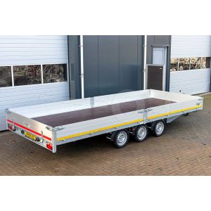 Eduard multitransporter 4520-5-PMB30-350-63, Lxb 456x200cm, Bruto 3500kg (2654kg netto), Lvh 63cm, Alu borden 30cm, Drieasser geremd, Banden 195/50R13, Met oprijplaten en lier.