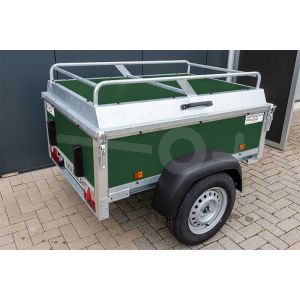 Power Trailer bagagewagen 175x110x60cm, bruto laadvermogen 750kg, groene betonplex panelen, enkelas ongeremd