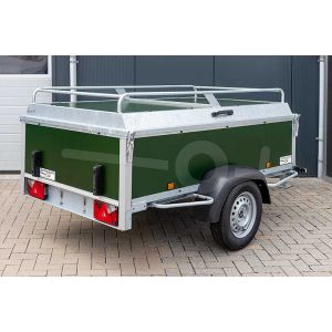 Power Trailer bagagewagen 250x132x60cm, bruto laadvermogen 750kg, groene betonplex panelen, ongeremde enkelasser