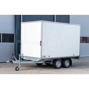 Power Trailer gesloten plateau aanhangwagen (lxbxh) 357x180x188cm, model GEPLA NR.6, Bruto 3500kg, witte glad plywood panelen met polyester coating (ook wit dak), Tandemas geremd