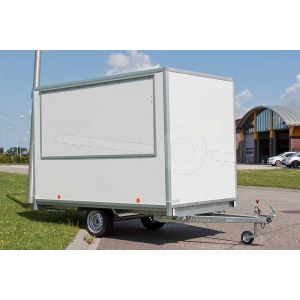 Powertrailer verkoopwagen VKWnr5, plateau casco, 257x180x200cm (lxbxh), bruto 750 kg, wanden wit glad plywood, 1 deur achter, grote verkoopklep zijkant, enkelas