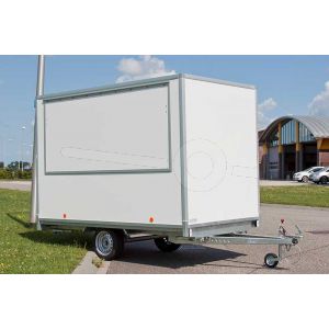 Verkoopwagen plateau casco 357x200x220cm (lxbxh), bruto 1500 kg, wanden wit glad plywood, 1 deur achter, grote verkoopklep zijkant, enkelas