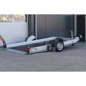Transporter voor kleine voertuigen Humbaur HKT 183117 S, Lxb 310x176cm, Bruto 1800kg (1415kg netto), Handmatig hydraulisch zakbaar, Lvh 42cm, Borden 15cm, Oprijhoek 4°, Enkelas geremd, Banden 195/50R13