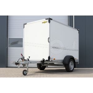 Humbaur HK 152513-15P Flexzurr gesloten aanhangwagen, 251x132x152(lxbxh), bruto 1500kg(1085 netto),witte 15mm plywood wanden en 1 deur achter, vloerhoogte 57cm, banden 14", enkelas
