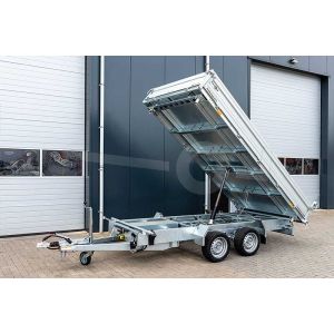 Humbaur kipper HTK 2000.27 (lxb) 267x150cm, bruto 2000kg (1335 netto), 3 zijdig kippend, handmatig, laadvloerhoogte 75cm, 35cm aluminium borden, banden 13", tandemas