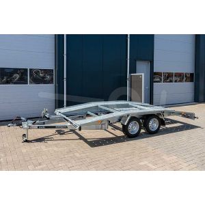Autotransporter Martz GT400, Lxb 400x200cm, Bruto 2700kg (2113kg netto), Open laadvloer, (schuin aflopend aan voor- en achterzijde), Lvh ca 70cm, Oprijhoek circa 12°, Tandemas geremd