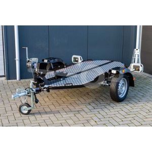 Verlaagbare motortrailer opvouwbaar Cochet Uno,  200x100cm, bruto 600kg (431kg netto), laadvloerhoogte ca 45cm, kleur zwart, enkelas ongeremd, banden 155/70R13