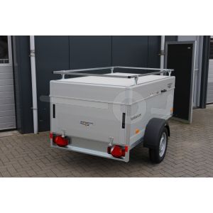 Humbaur aluminium bagagewagen (lxbxh) 205x110x68cm, type HA 102111-5 met deksel en reling, Bruto 1000kg (789kg netto), Aluminium wanden 50cm, Enkelas geremd, Banden 155/80R13