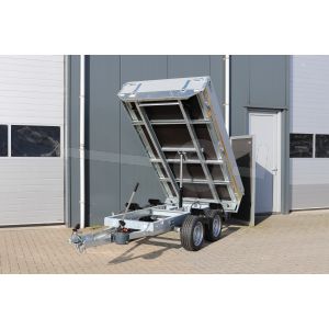 Eduard achterwaartse kipper 2514-2-13-0763-J, Lxb 250x145cm, Bruto 750kg (418kg netto), Handmatige bediening, Lvh 63cm, borden 30cm, Tandemas ongeremd, Banden 195/50R13