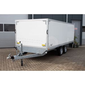 Lesaanhangwagen met vaste gesloten opbouw van Twins Trailers conform CBR eisen, Bakmaat 451x187x130cm, totale afmetingen 601x187x200 cm, Bruto 2000kg, Tandemas geremd 