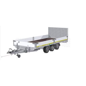 Eduard machinetransporter 4520-5-AK3-3563-J, Lxb 456x200cm, Kantelbaar, Bruto 3500kg (2500kg netto), Lvh 63cm, Alu borden 30cm, Brede oprijklep, Tridemas geremd, Banden 195/50R13, Handpomp bediening