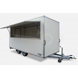 Verkoopwagen Powertrailer VKWnr15, plateau casco, 457x200x220cm (lxbxh), bruto 2000 kg, wanden wit glad plywood, 1 deur achter, grote verkoopklep zijkant, tandemas