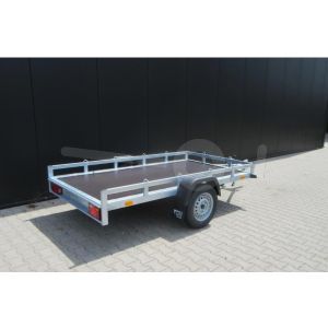 Transporter voor kleine voertuigen VDM, lxb 300x150cm, Bruto 750kg (587kg netto), Vlakke laadvloer met railing, Enkelas ongeremd , Banden 155/80R13.