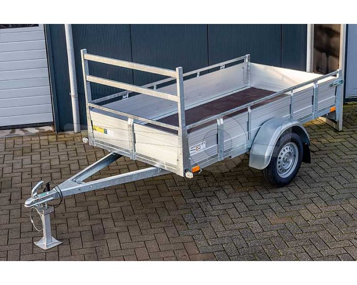 Twins Trailers aanhangwagen 200x132 (lxb bak), 750kg bruto (580 netto) laadvloerhoogte 54cm, aluminium borden met railing, 13", enkelas