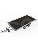 Eduard kantelbare autotransporter 4020-4-AOR10-350-J-63, afmeting 406x200cm met 10cm reling, bruto laadvermogen 3500kg, laadvloerhoogte 63cm, geremde tandemasser met 195/50R13 banden.