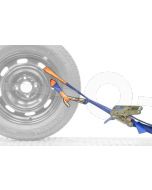 Autospanband voor het vastzetten van een auto. Bevestiging door de velg van de auto. Afmeting 150cm lang 35mm breed.