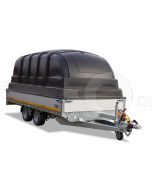 Zwarte kunststof kap op een Eduard plateauwagen of multitransporter met een laadbak van 406x180cm . Inwendige hoogte van de kap is circa 155cm hoog vanaf de laadvloer.