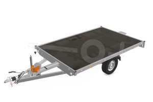 Eduard multitransporter 3120-3-PMV-135-56, Lxb 310x200cm, Bruto 1350kg (926kg netto), Lvh 56cm, Vlak zonder borden, Enkelas geremd, Banden 195/55R10, Met oprijplaten en lier.