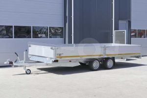 Plateauwagen Eduard 506x220cm met 30cm aluminium borden. Laadvloerhoogte 63cm. Bruto laadvermogen 3000kg.