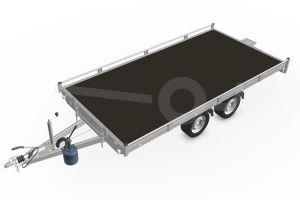 Eduard kantelbare autotransporter 4020-4-AOR10-270-J-63, afmeting 406x200cm met 10cm reling, bruto laadvermogen 2700kg, laadvloerhoogte 63cm, geremde tandemasser met 195/50R13 banden.