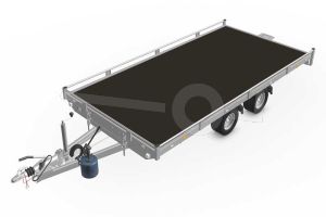 Eduard kantelbare autotransporter 4020-4-AOR10-300-J-56, afmeting 406x200cm met 10cm reling, bruto laadvermogen 3000kg, laadvloerhoogte 56cm, geremde tandemasser met 195/55R10 banden.