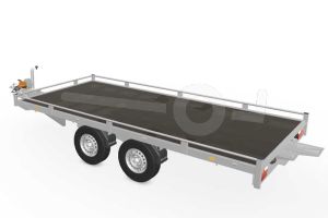 Eduard autotransporter 4520-4-PMR10-2572, Lxb 456x200cm, Bruto 2500kg, Lvh 72cm, Oprijhoek circa 17&deg;, Reling 10cm, Dichte vloer, Tandemas geremd, Banden 165R13, Met oprijplaten en lier.