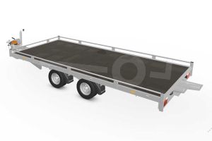 Eduard autotransporter 4520-4-PMR10-2756, Lxb 456x200cm, Bruto 2700kg, Lvh 56cm, Oprijhoek circa 13&deg;, Reling 10cm, Dichte vloer, Tandemas geremd, Banden 195/55R10, Met oprijplaten en lier.