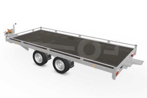 Eduard autotransporter 4520-4-PMR10-3063, Lxb 456x200cm, Bruto 3000kg, Lvh 63cm, Oprijhoek circa 15&deg;, Reling 10cm, Dichte vloer, Tandemas geremd, Banden 195/50R13, Met oprijplaten en lier.