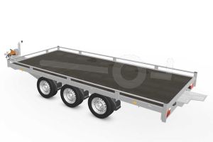 Eduard autotransporter 4520-5-PMR10-3563, Lxb 456x200cm, Bruto 3500kg, Lvh 63cm, Oprijhoek circa 15&deg;, Reling 10cm, Dichte vloer, Drieasser geremd, Banden 195/50R13, Met oprijplaten en lier.