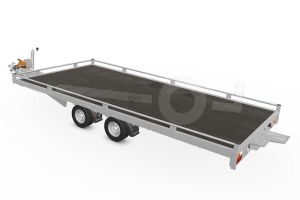 Eduard autotransporter 5020-4-PMR10-2056, Lxb 506x200cm, Bruto 2000kg, Lvh 56cm, Oprijhoek 15&deg;, Reling 10cm, Dichte vloer, Tandemas geremd, Banden 195/55R10, Met oprijplaten en lier.