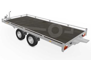 Eduard autotransporter 5020-4-PMR10-2772, Lxb 506x200cm, Bruto 2700kg, Lvh 72cm, Oprijhoek circa 17&deg;, Reling 10cm, Dichte vloer, Tandemas geremd, Banden 185/70R13, Met oprijplaten en lier.