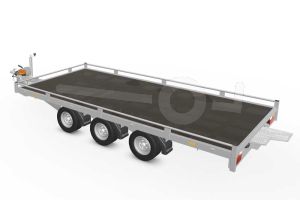 Eduard autotransporter 5020-5-PMR10-3556, Lxb 506x200cm, Bruto 3500kg, Lvh 56cm, Oprijhoek 15&deg;, Reling 10cm, Dichte vloer, Drieasser geremd, Banden 195/55R10, Met oprijplaten en lier.