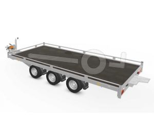 Eduard autotransporter, Lxb 506x220cm, Bruto 3500kg, Lvh 56cm, Oprijhoek circa 15&deg;, Reling 10cm, Dichte vloer, Drieasser geremd, Banden 195/55R10, Met oprijplaten en lier.