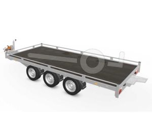  Eduard autotransporter, Lxb 506x220cm, Bruto 3500kg, Lvh 63cm, Oprijhoek circa 15&deg;, Reling 10cm, Dichte vloer, Drieasser geremd, Banden 195/50R13, Met oprijplaten en lier.