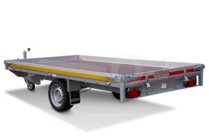 Eduard multitransporter 3116-3-PMB10-150-63, Lxb 310x160cm, Bruto 1500kg (1166kg netto), Lvh 63cm, Alu borden 10cm, Enkelas geremd, Banden 195/50R13, Met oprijplaten en lier.