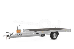 Eduard multitransporter 3116-3-PMV-180-63, Lxb 310x160cm, Bruto 1800kg (1414kg netto), Lvh 63cm, Vlak zonder borden, Enkelas geremd, Banden 195/50R13, Met oprijplaten en lier.