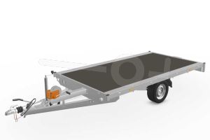 Eduard multitransporter 3318-3-PMV-180-63, Lxb 330x180cm, Bruto 1800kg (1364kg netto), Lvh 63cm, Vlak zonder borden, Enkelas geremd, Banden 195/50R13, Met oprijplaten en lier.